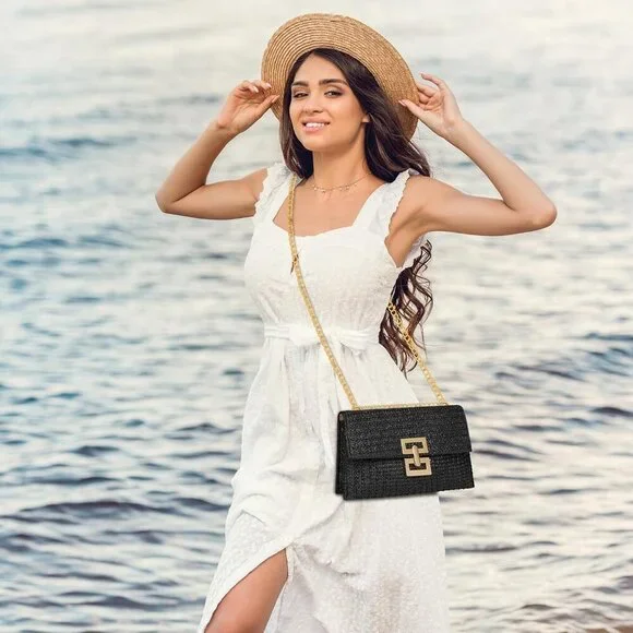 Black Woven Raffia Beach Clutch Crossbody Bag with Chain Strap for Women - Picture 2 of 7